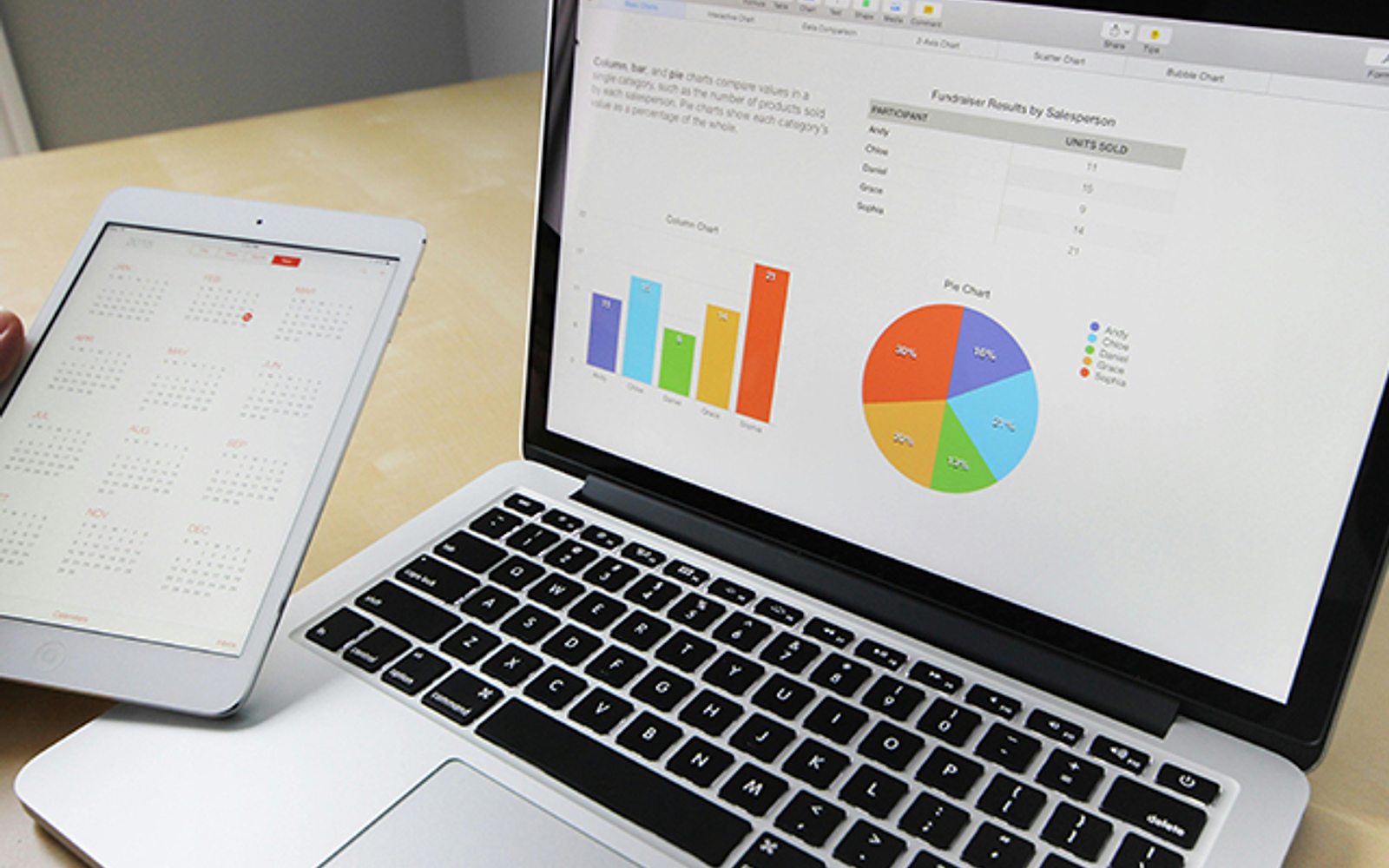 A laptop and tablet displaying analytics charts